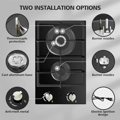 12" Gas Stove Propane Cooktop 2 Burner Stainless Steel Portable Gas Burner with Thermocouple Protection Lpg/Ng 3.3kW 1kW Power Techelectronicx