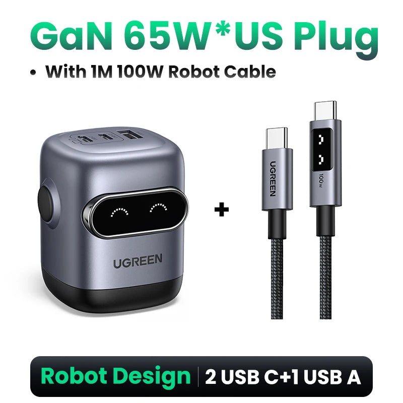 【US Plug】UGREEN 65W 30W GaN Charger Robot Design PD3.0 QC4.0 3.0 PPS Fast Charger for iPhone 16 15 14 Pro Macbook Laptops Tablet Techelectronicx