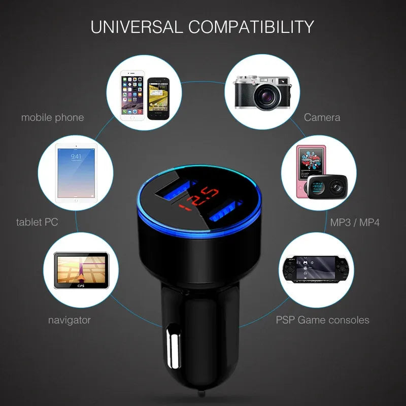 1/2pcs Car Charger, Cigarette Lighter, Smartphone Adapter, Phone Charger, Dual USB Digital Display, Voltmeter, Fast Charging Techelectronicx