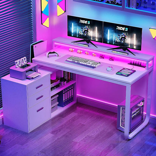 L-Shaped Gaming Computer Desk Home Office Desk File Drawers TechElect