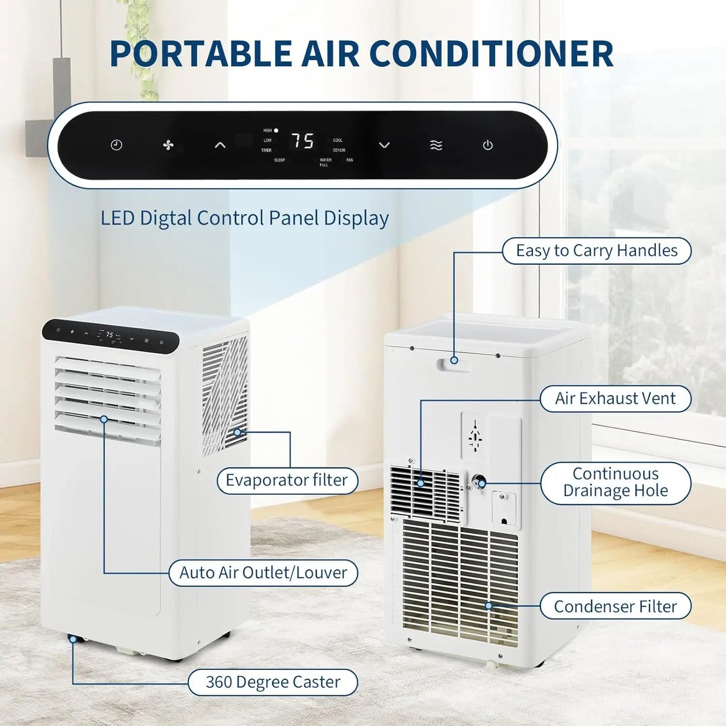 10,000 BTUs Portable Air Conditioners, Portable AC for Room Up to 450 Sq.Ft, 3-IN-1 Quiet AC Unit with Fan & Dehumidifier Techelectronicx